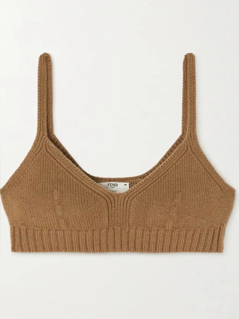 Fendi 100% Cashmere Knit Bralette Crop Top Camel Brown IT 42 / US 6